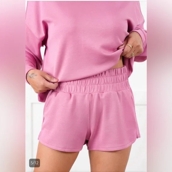 💗ZENANA• Pink Scuba Long Sleeve Scoop Neck Sweater and Shorts Set - Picture 3 of 8